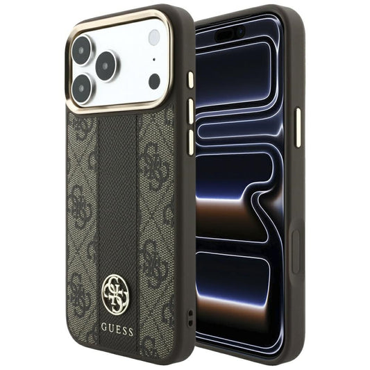 Coque MagSafe pour Apple iPhone 18 Pro / 17 Pro, Guess, Logo Classique Rond 4G Stripe, Marron
