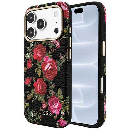 Coque MagSafe pour Apple iPhone 18 Pro / 17 Pro, Guess, Blossom Roses Print, noire
