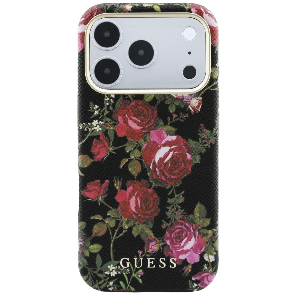 Coque MagSafe pour Apple iPhone 18 Pro / 17 Pro, Guess, Blossom Roses Print, noire