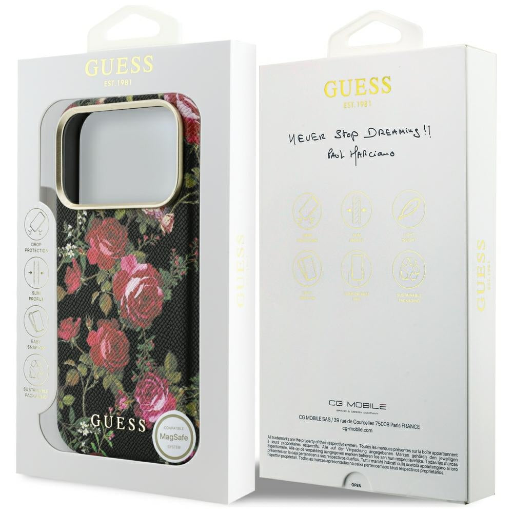 Coque MagSafe pour Apple iPhone 18 Pro / 17 Pro, Guess, Blossom Roses Print, noire
