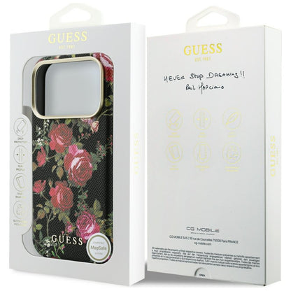 Coque MagSafe pour Apple iPhone 18 Pro / 17 Pro, Guess, Blossom Roses Print, noire