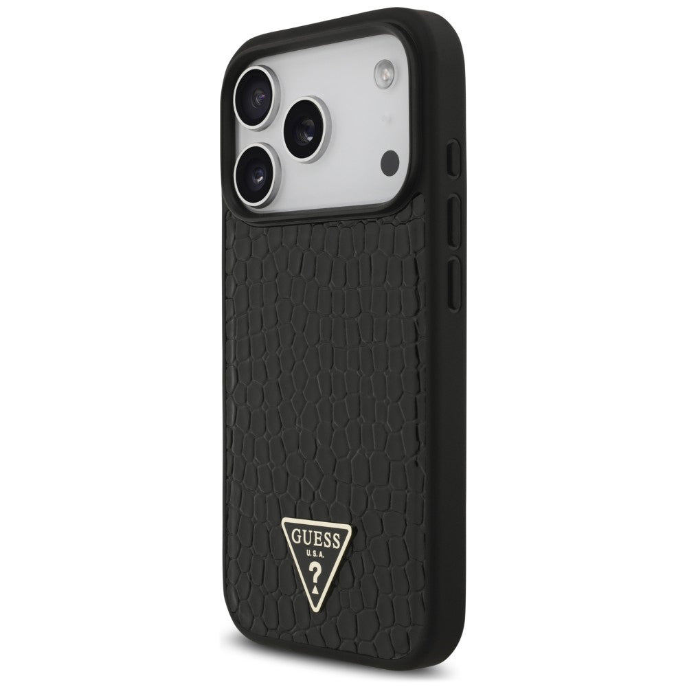 Coque MagSafe pour Apple iPhone 18 Pro / 17 Pro, Guess, Croco Triangle Logo, noire
