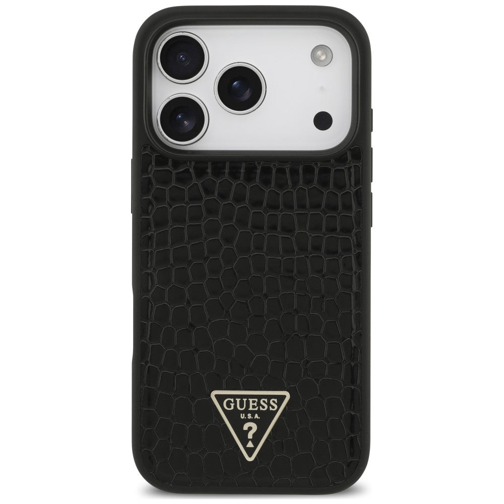 Coque MagSafe pour Apple iPhone 18 Pro / 17 Pro, Guess, Croco Triangle Logo, noire