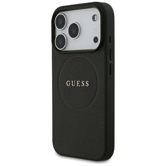 Coque MagSafe pour Apple iPhone 18 Pro / 17 Pro, Guess, Anneau Doré Grainé, Noire