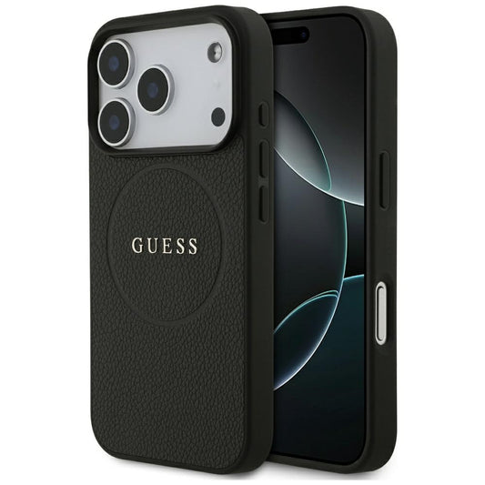 Coque MagSafe pour Apple iPhone 18 Pro / 17 Pro, Guess, Anneau Doré Grainé, Noire