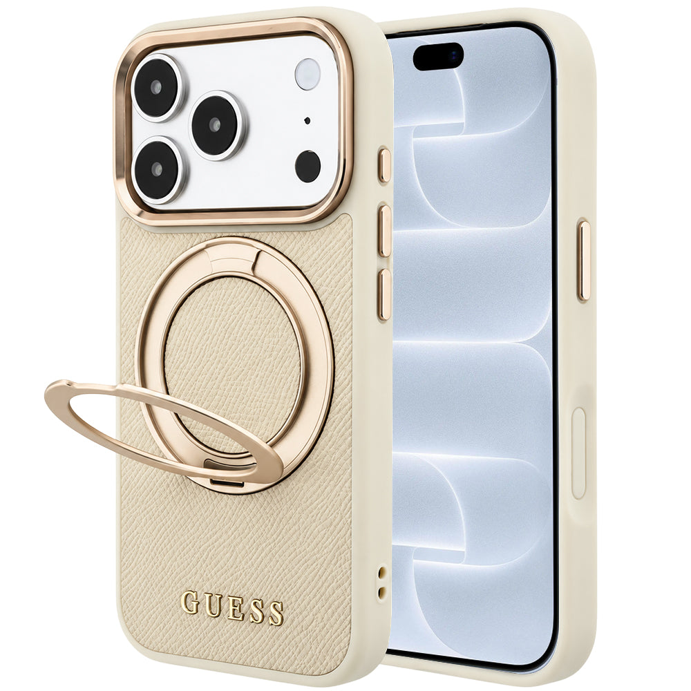Coque MagSafe pour Apple iPhone 18 Pro / 17 Pro, Guess, Grained Ring Stand 360 Classic, beige