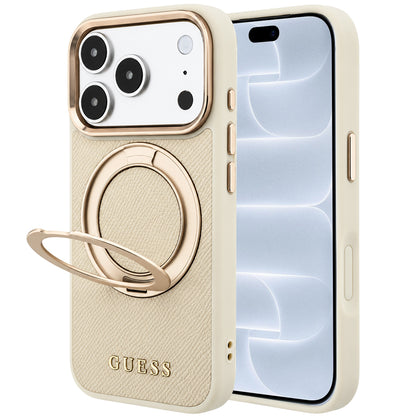 Coque MagSafe pour Apple iPhone 18 Pro / 17 Pro, Guess, Grained Ring Stand 360 Classic, beige