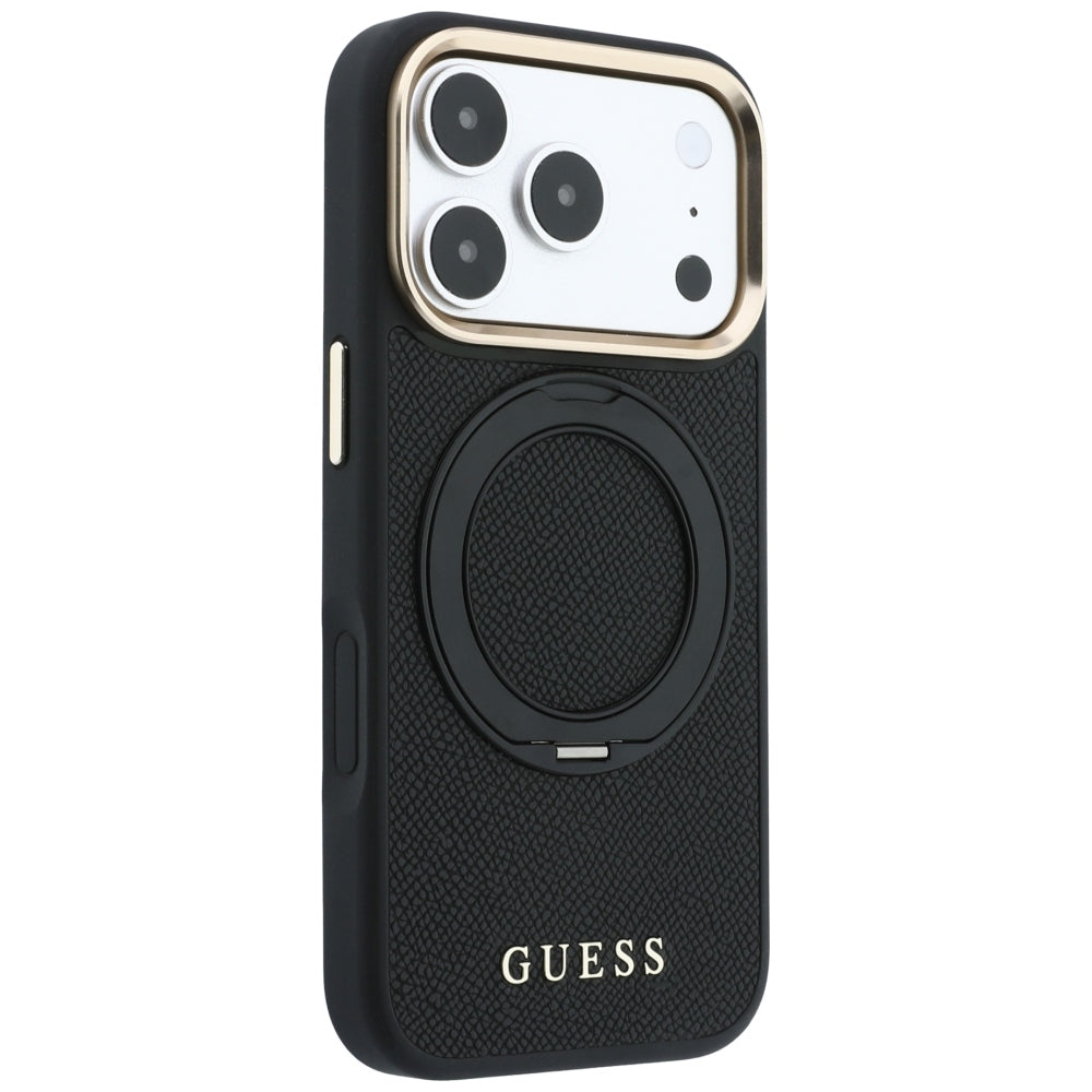 MagSafe Case for Apple iPhone 18 Pro / 17 Pro, Guess, Grained Ring Stand 360 Classic, Black