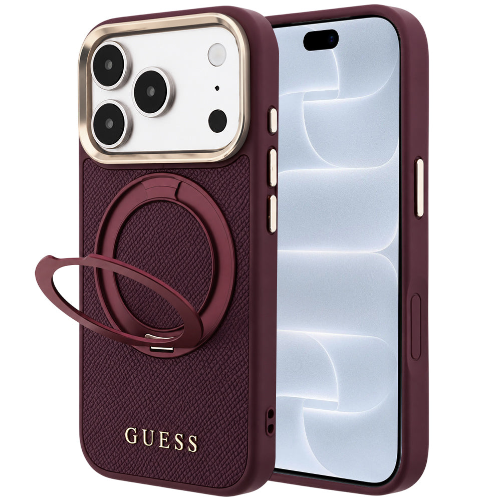 Coque MagSafe pour Apple iPhone 18 Pro / 17 Pro, Guess, Grained Ring Stand 360 Classic, bordeaux