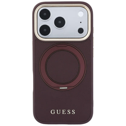 Coque MagSafe pour Apple iPhone 18 Pro / 17 Pro, Guess, Grained Ring Stand 360 Classic, bordeaux