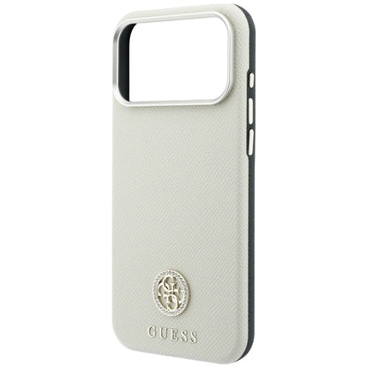 Coque MagSafe pour Apple iPhone 18 Pro / 17 Pro, Guess, Logo Strass Rond Grainé, Beige