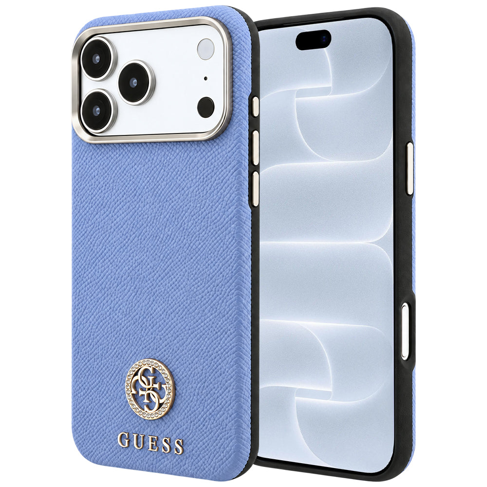 Coque MagSafe pour Apple iPhone 18 Pro / 17 Pro, Guess, Logo Strass Rond Grainé, Bleu