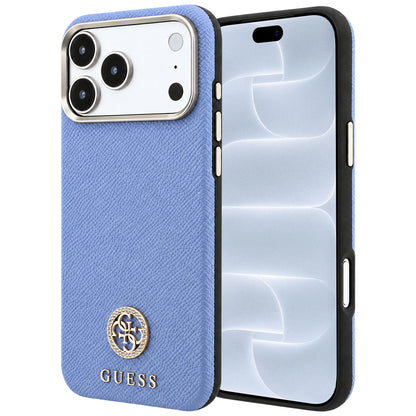 Coque MagSafe pour Apple iPhone 18 Pro / 17 Pro, Guess, Logo Strass Rond Grainé, Bleu
