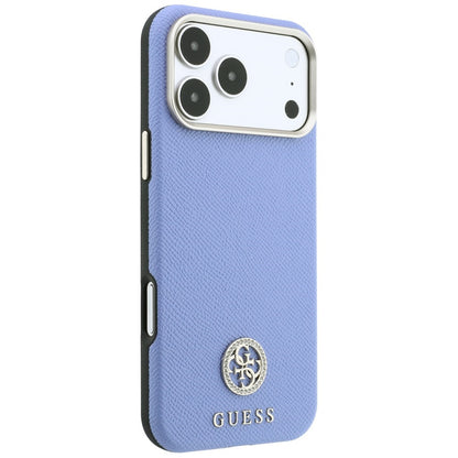 Coque MagSafe pour Apple iPhone 18 Pro / 17 Pro, Guess, Logo Strass Rond Grainé, Bleu