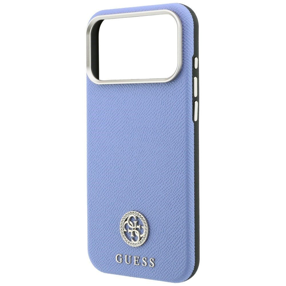Coque MagSafe pour Apple iPhone 18 Pro / 17 Pro, Guess, Logo Strass Rond Grainé, Bleu