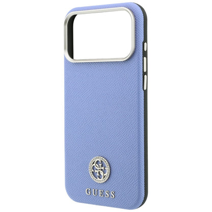 Coque MagSafe pour Apple iPhone 18 Pro / 17 Pro, Guess, Logo Strass Rond Grainé, Bleu