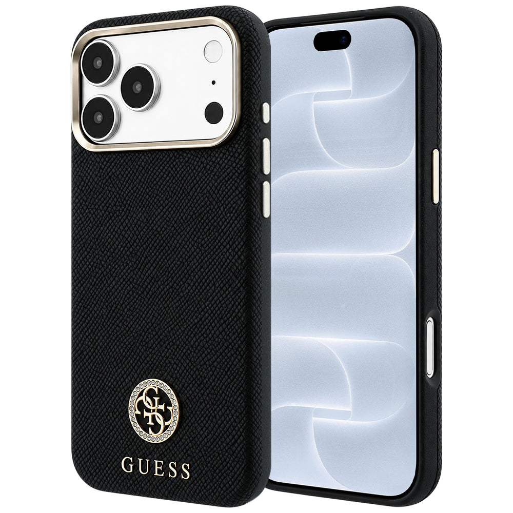 Coque MagSafe pour Apple iPhone 18 Pro / 17 Pro, Guess, Logo Strass Rond Grainé, Noire