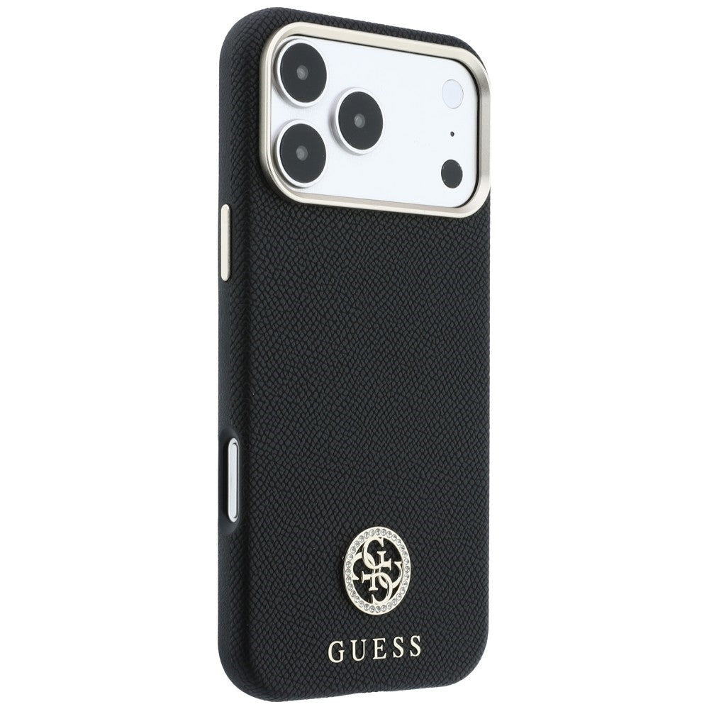 Coque MagSafe pour Apple iPhone 18 Pro / 17 Pro, Guess, Logo Strass Rond Grainé, Noire