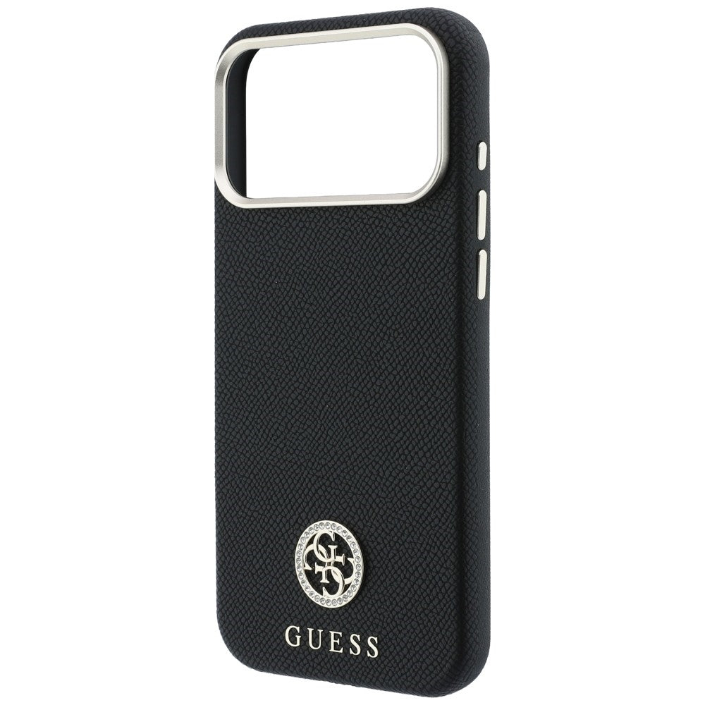 Coque MagSafe pour Apple iPhone 18 Pro / 17 Pro, Guess, Logo Strass Rond Grainé, Noire