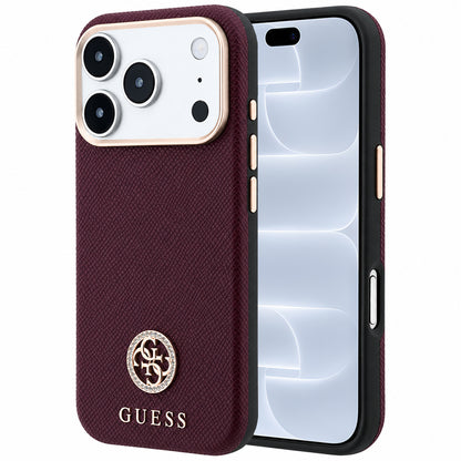 Coque MagSafe pour Apple iPhone 18 Pro / 17 Pro, Guess, Logo Strass Rond Grainé, Bordeaux