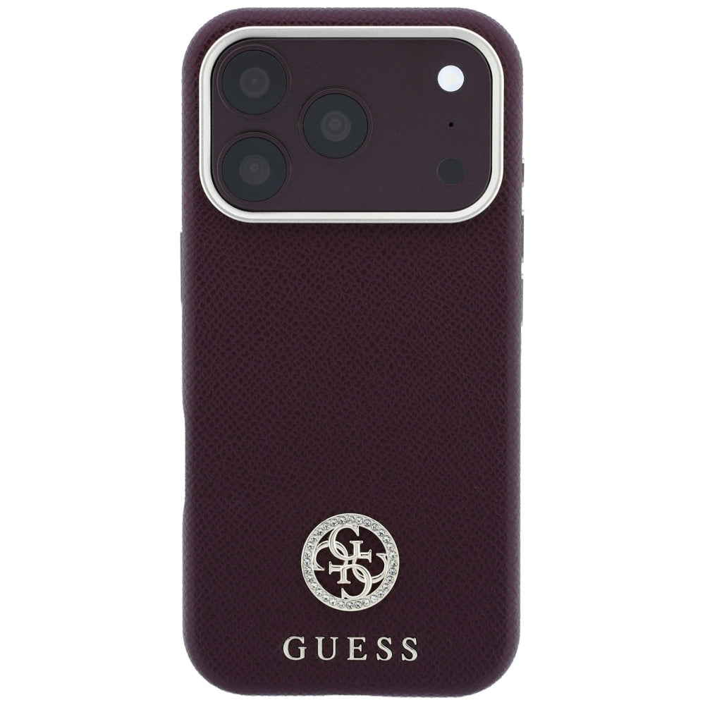 Coque MagSafe pour Apple iPhone 18 Pro / 17 Pro, Guess, Logo Strass Rond Grainé, Bordeaux