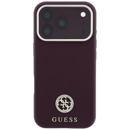 Coque MagSafe pour Apple iPhone 18 Pro / 17 Pro, Guess, Logo Strass Rond Grainé, Bordeaux