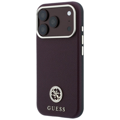 Coque MagSafe pour Apple iPhone 18 Pro / 17 Pro, Guess, Logo Strass Rond Grainé, Bordeaux