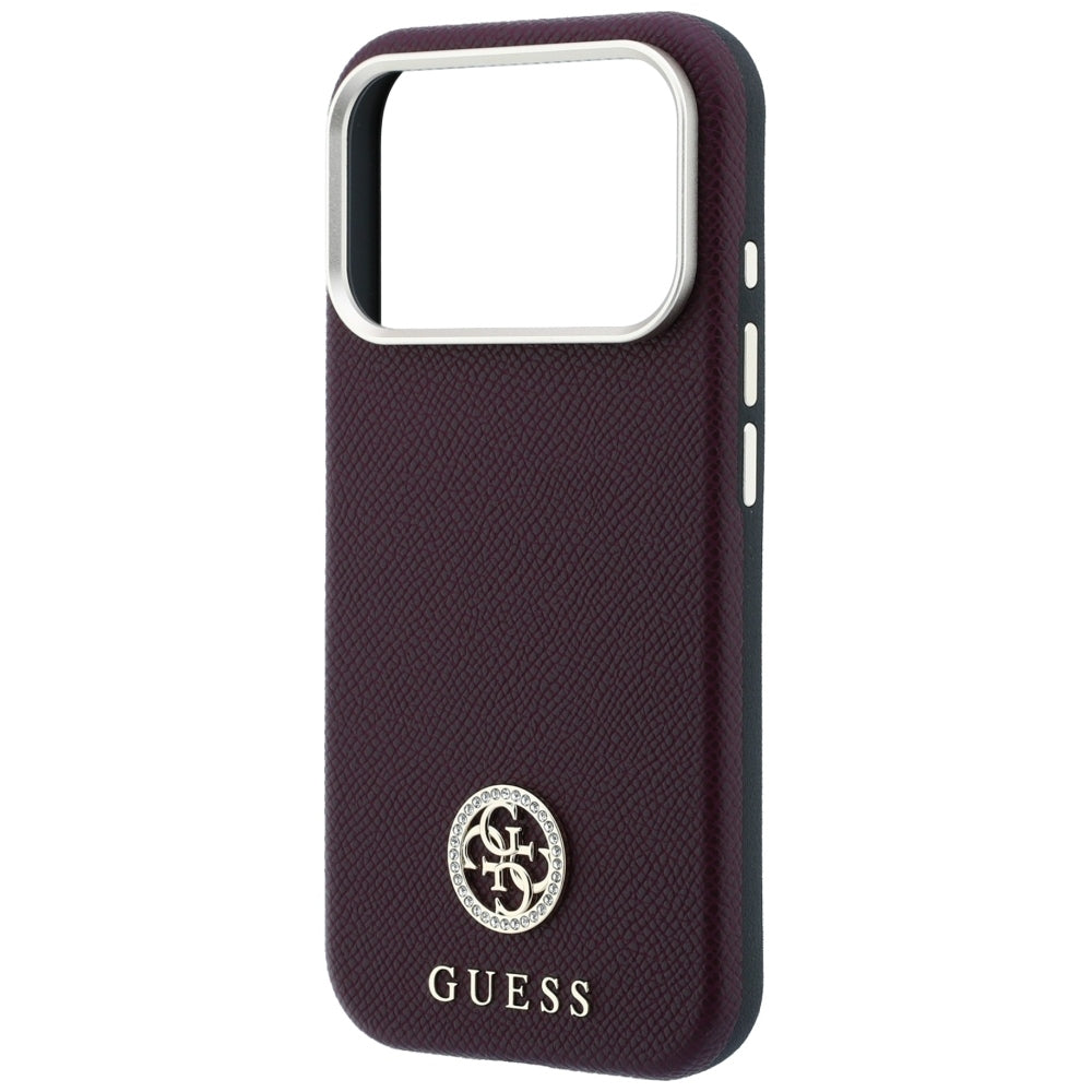 Coque MagSafe pour Apple iPhone 18 Pro / 17 Pro, Guess, Logo Strass Rond Grainé, Bordeaux