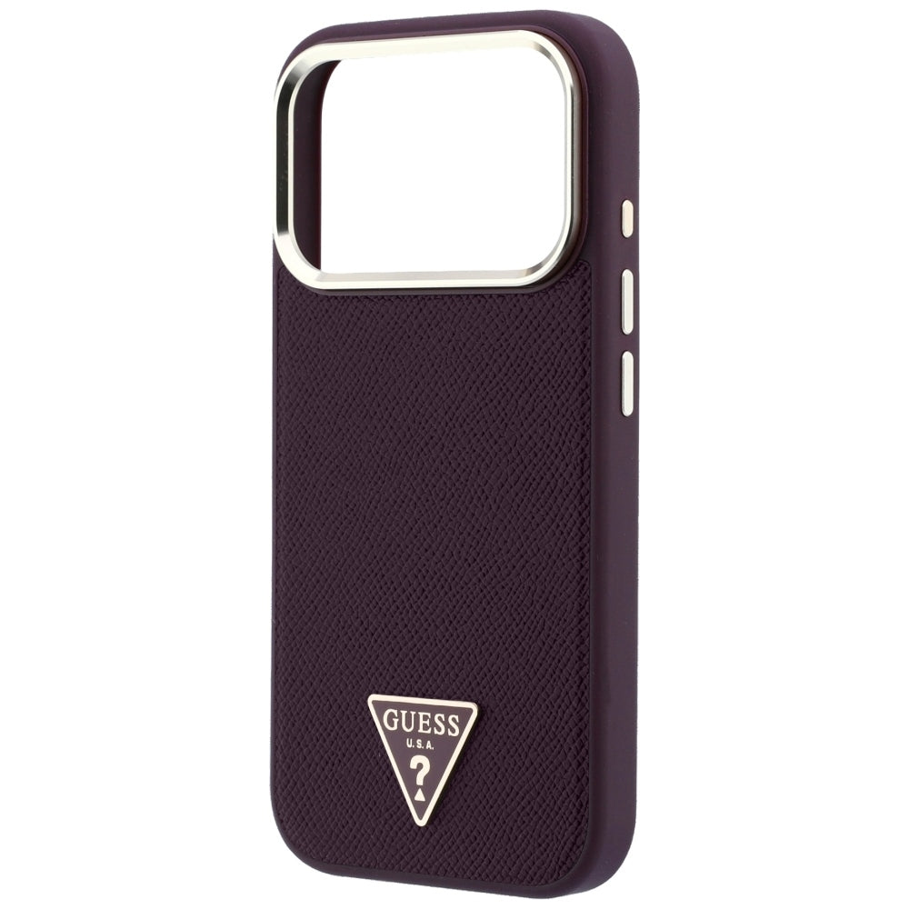 Coque MagSafe pour Apple iPhone 18 Pro / 17 Pro, Guess, Logo Triangle Grainé, Bordeaux