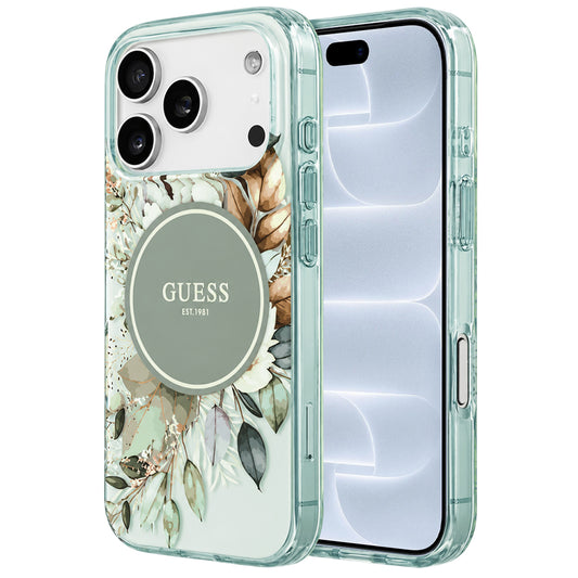 Coque MagSafe pour Apple iPhone 18 Pro / 17 Pro, Guess, IML Flower & Tonal Circle, verte