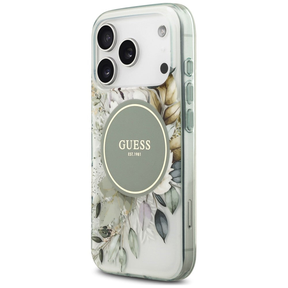 Coque MagSafe pour Apple iPhone 18 Pro / 17 Pro, Guess, IML Flower & Tonal Circle, verte