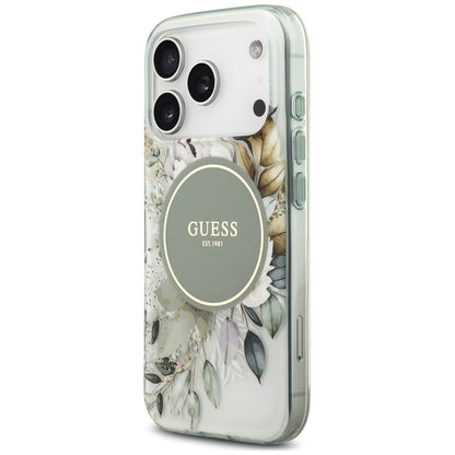 Coque MagSafe pour Apple iPhone 18 Pro / 17 Pro, Guess, IML Flower & Tonal Circle, verte