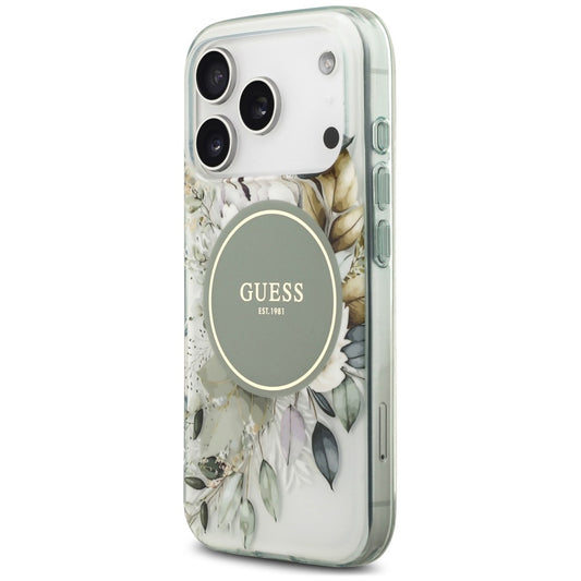 Coque MagSafe pour Apple iPhone 18 Pro / 17 Pro, Guess, IML Flower & Tonal Circle, verte
