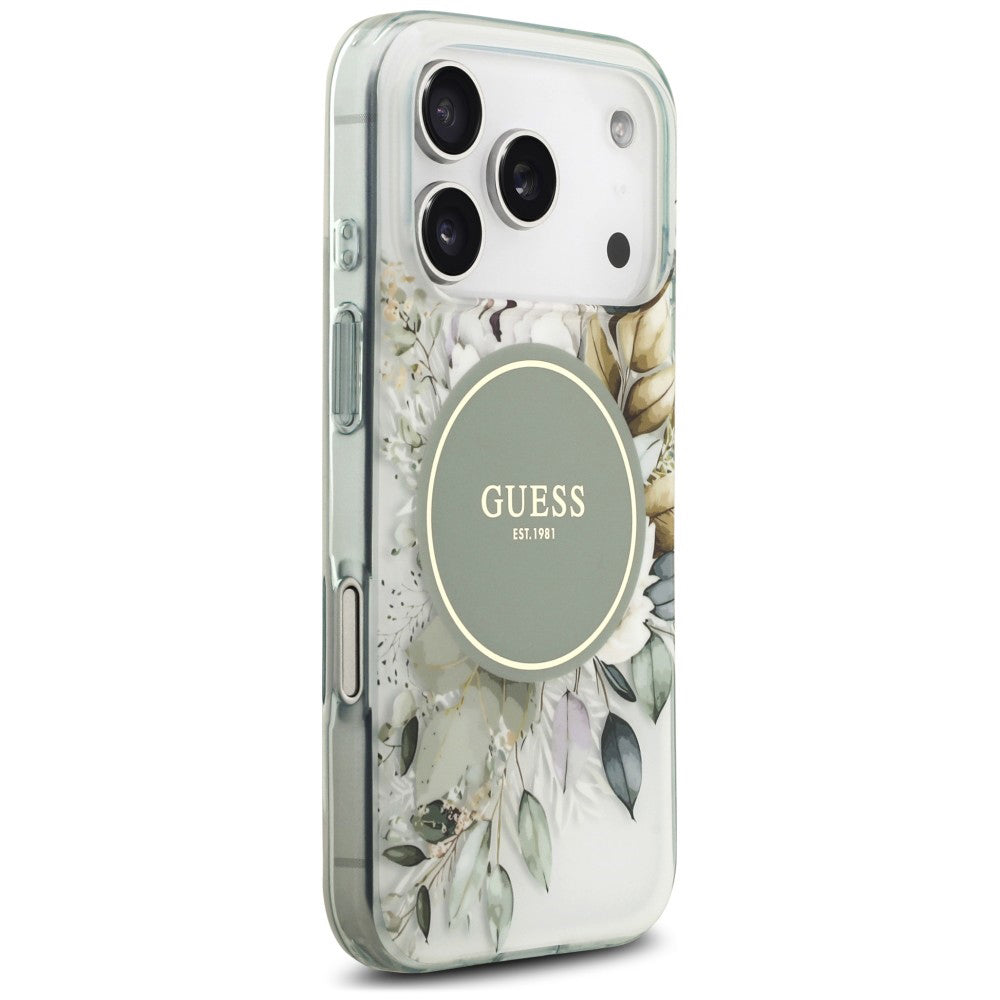 Coque MagSafe pour Apple iPhone 18 Pro / 17 Pro, Guess, IML Flower & Tonal Circle, verte