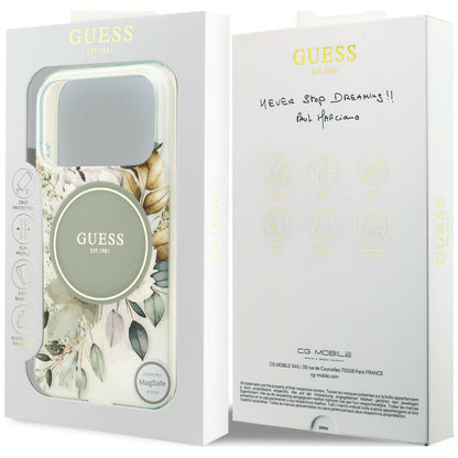 Coque MagSafe pour Apple iPhone 18 Pro / 17 Pro, Guess, IML Flower & Tonal Circle, verte