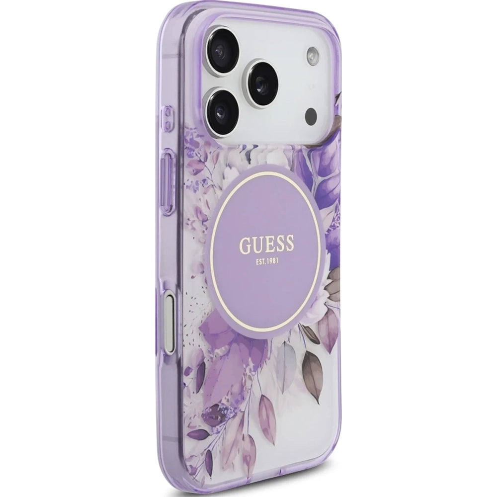 Coque MagSafe pour Apple iPhone 18 Pro / 17 Pro, Guess, IML Flowers with Pearl Strap, violette