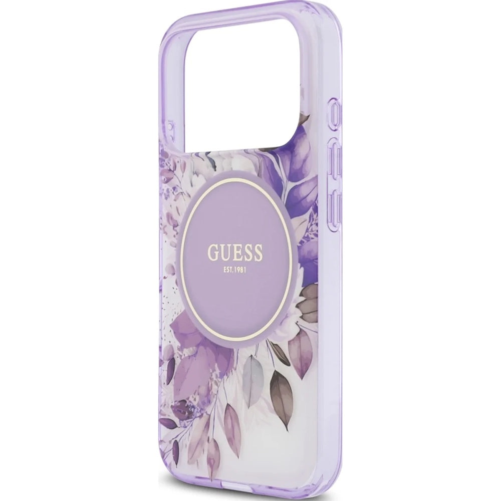 Coque MagSafe pour Apple iPhone 18 Pro / 17 Pro, Guess, IML Flowers with Pearl Strap, violette