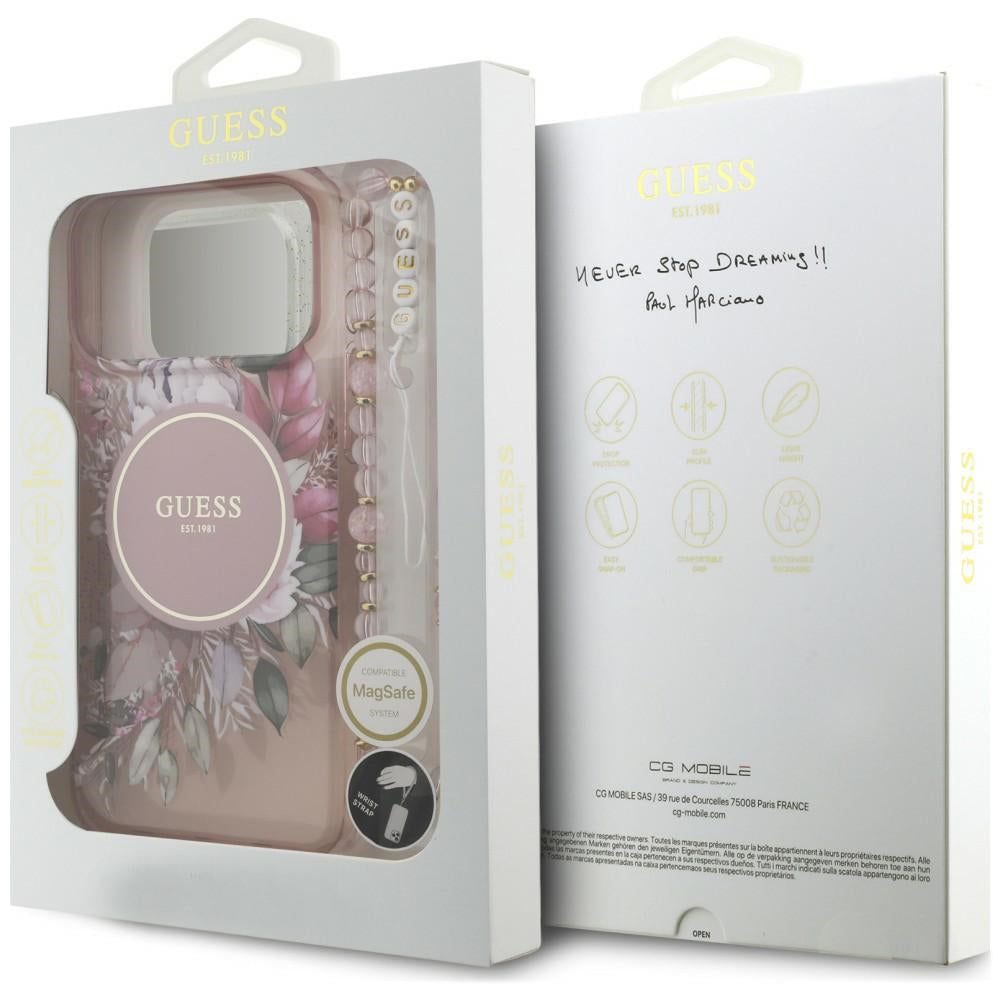 Coque MagSafe pour Apple iPhone 18 Pro / 17 Pro, Guess, IML Flowers with Pearl Strap, rose