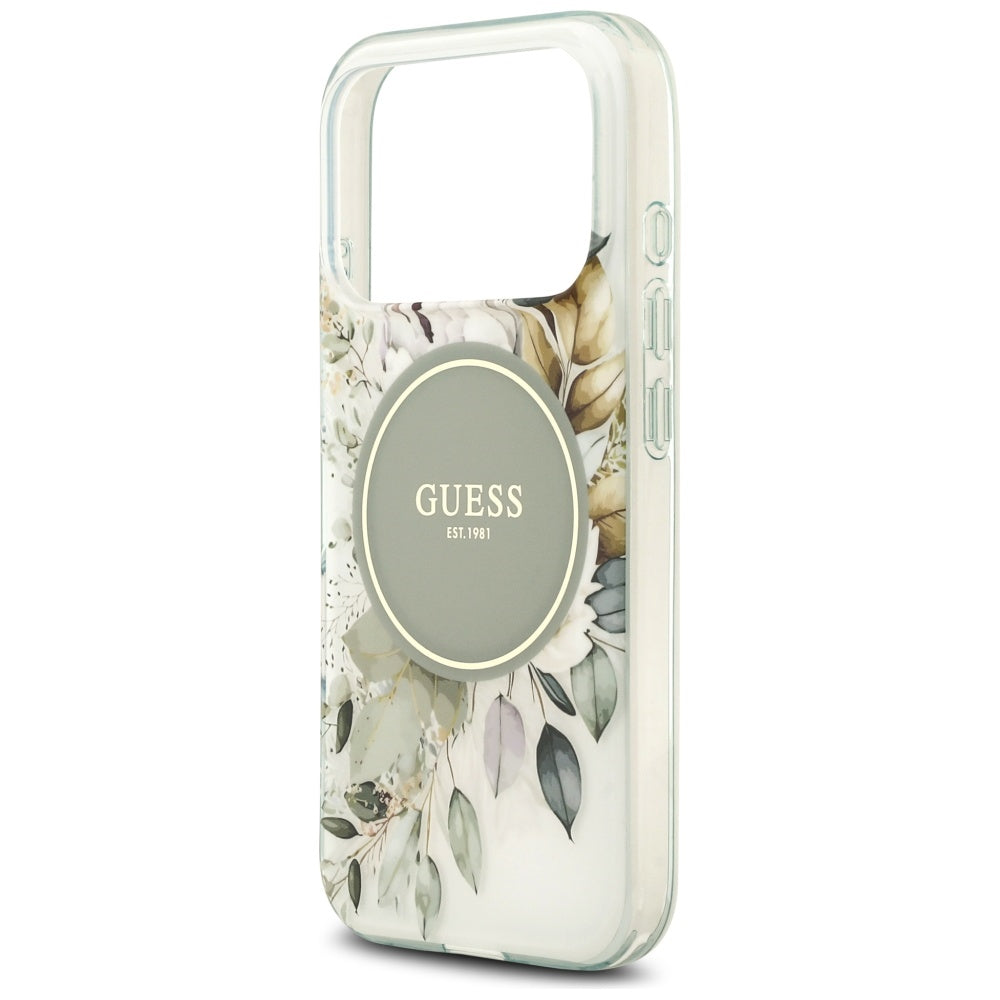 MagSafe Case for Apple iPhone 18 Pro / 17 Pro, Guess, IML Flowers with Pearl Strap, Green