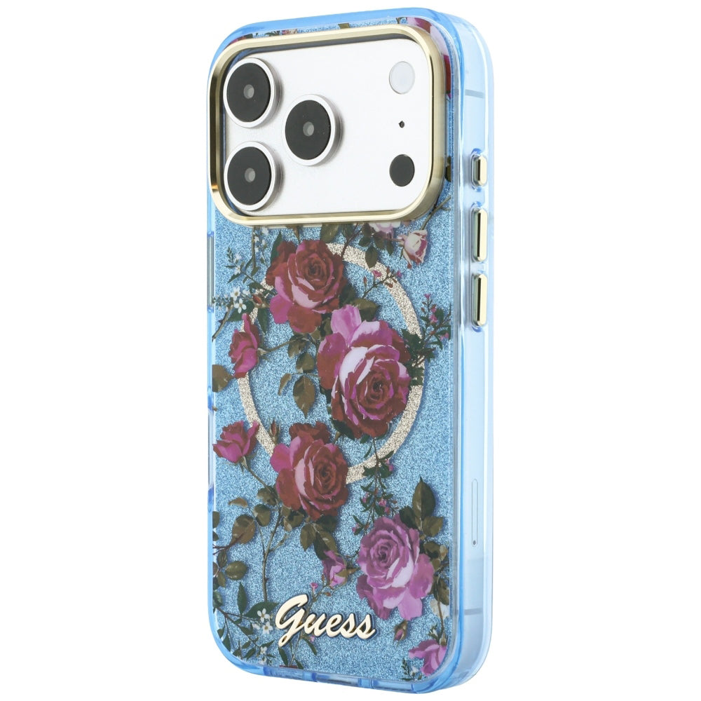 Coque MagSafe pour Apple iPhone 18 Pro / 17 Pro, Guess, IML Glitter Blossom Roses, Bleu