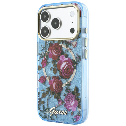 Coque MagSafe pour Apple iPhone 18 Pro / 17 Pro, Guess, IML Glitter Blossom Roses, Bleu