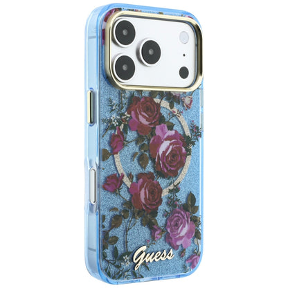 Coque MagSafe pour Apple iPhone 18 Pro / 17 Pro, Guess, IML Glitter Blossom Roses, Bleu