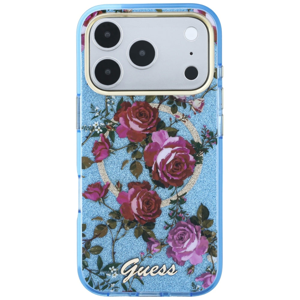Coque MagSafe pour Apple iPhone 18 Pro / 17 Pro, Guess, IML Glitter Blossom Roses, Bleu