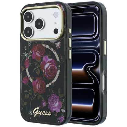 Coque MagSafe pour Apple iPhone 18 Pro / 17 Pro, Guess, IML Glitter Blossom Roses, Noire