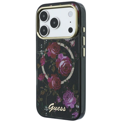 Coque MagSafe pour Apple iPhone 18 Pro / 17 Pro, Guess, IML Glitter Blossom Roses, Noire