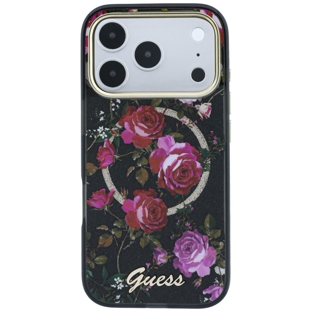 Coque MagSafe pour Apple iPhone 18 Pro / 17 Pro, Guess, IML Glitter Blossom Roses, Noire