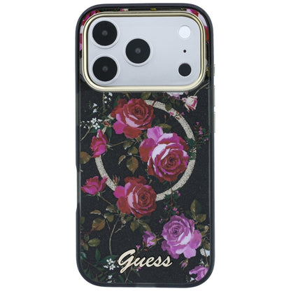 Coque MagSafe pour Apple iPhone 18 Pro / 17 Pro, Guess, IML Glitter Blossom Roses, Noire