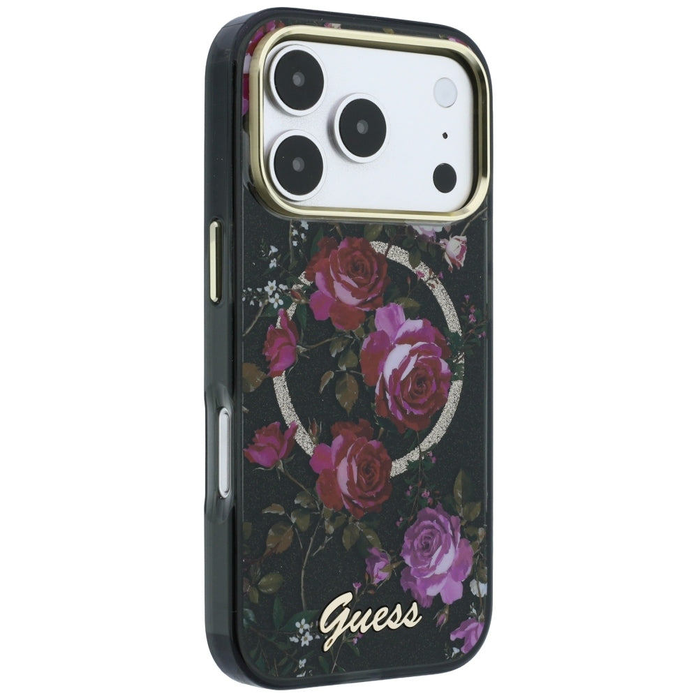 Coque MagSafe pour Apple iPhone 18 Pro / 17 Pro, Guess, IML Glitter Blossom Roses, Noire