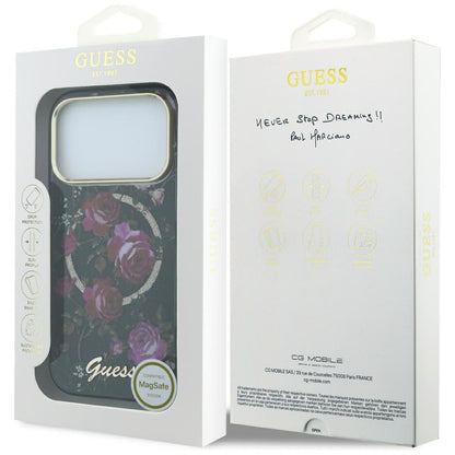 Coque MagSafe pour Apple iPhone 18 Pro / 17 Pro, Guess, IML Glitter Blossom Roses, Noire