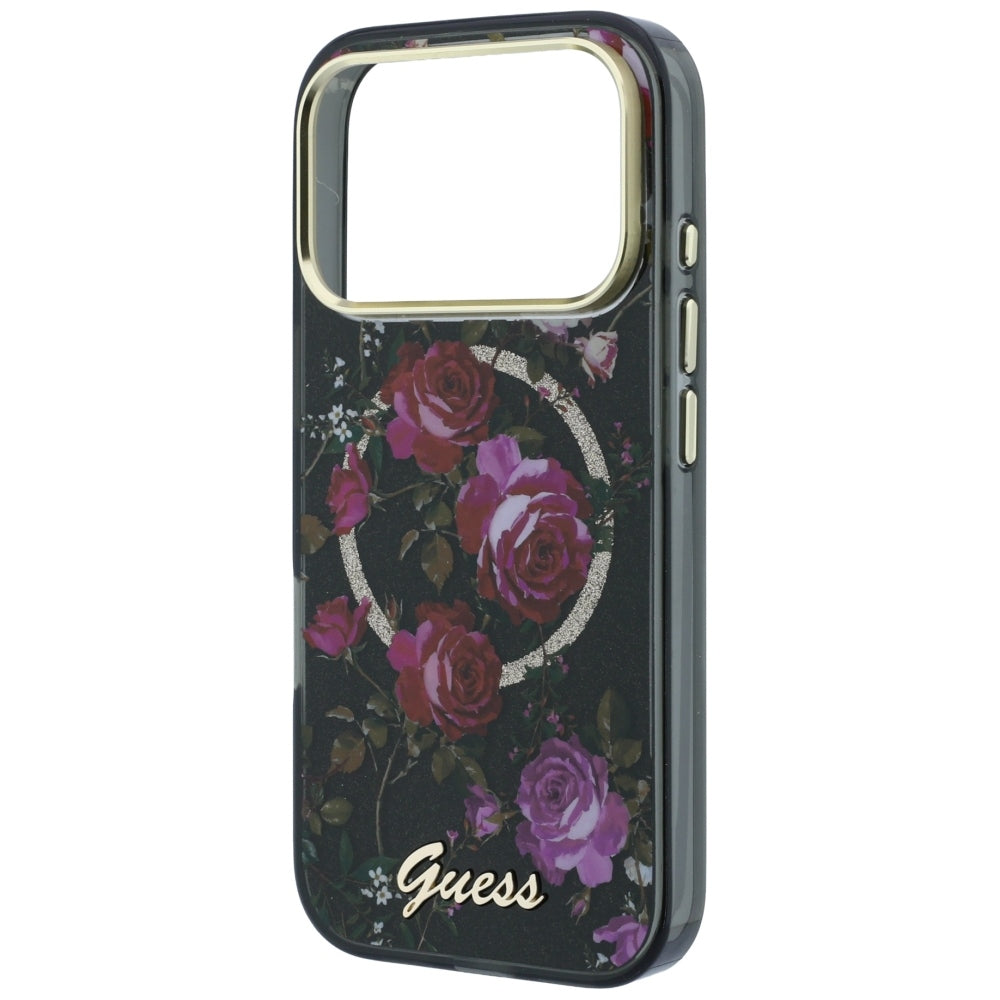 Coque MagSafe pour Apple iPhone 18 Pro / 17 Pro, Guess, IML Glitter Blossom Roses, Noire